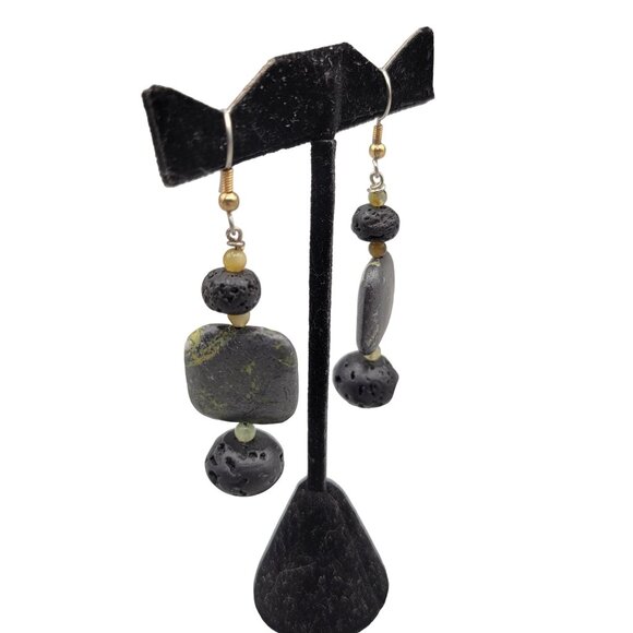 Black Lava Rock Green Tree Agate Dangle Earrings Fish Hook Closure Handmade - Picture 6 of 6